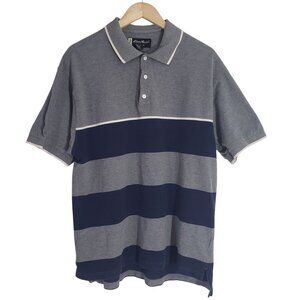 Eddie Bauer Mens Golf Polo Shirt Gray Navy Striped Cotton Short Sleeve Size L‎